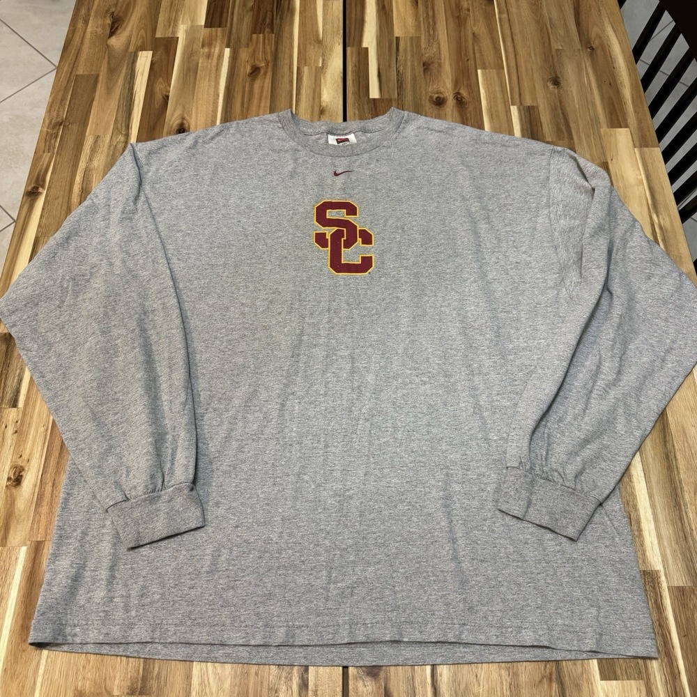 Vintage USC Trojans Shirt Mens 2XL Nike Gray Long Sleeve Center Swoosh Check Y2K